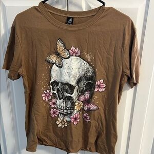 Brown Skull and Butterfly Graphic T-Shirt